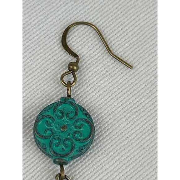 Boho Vintage Style Copper Green Patina Earrings Leaf Feather Dangle Hooks - Picture 4 of 5